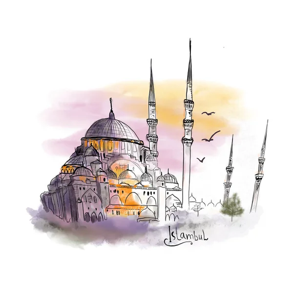 Istambul Aquarel Illustratie Moskee Minaret Zonsondergang Kalkoen — Stockfoto