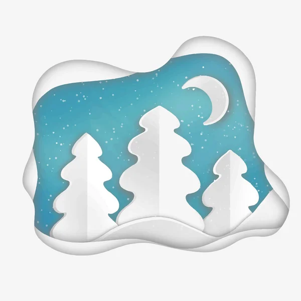 Estilo Corte Papel Nieve Invierno Bosque Navidad Tarjeta Felicitación Noche — Vector de stock