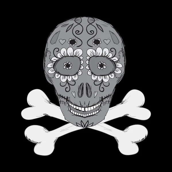 Crâne avec des fleurs et des os croisés — Image vectorielle