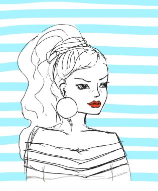 Mavi çizgili renkli mürekkep kız