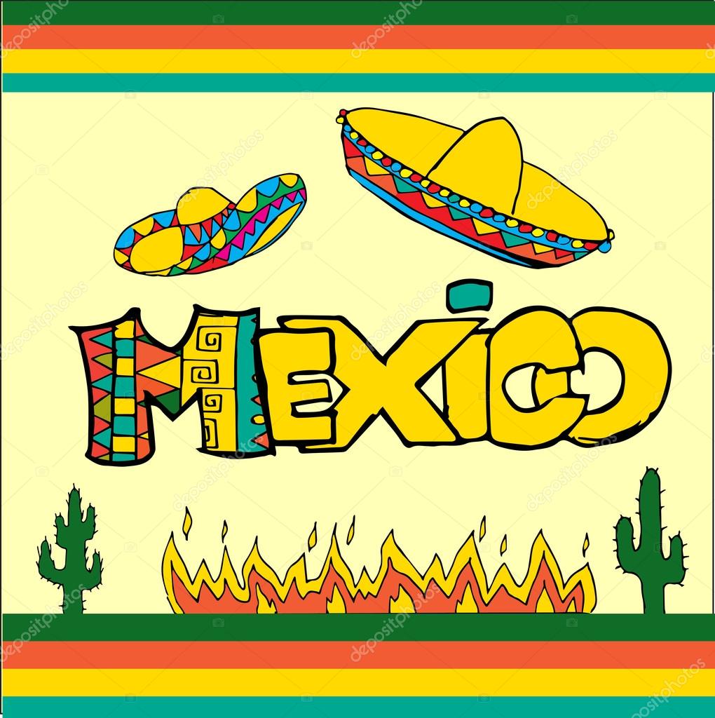 Colorful Mexico set: cartoon cactuses, hats, chili pepper, maracas