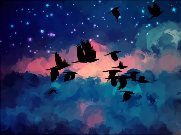 Pájaros en pinceladas cielo — Vector de stock