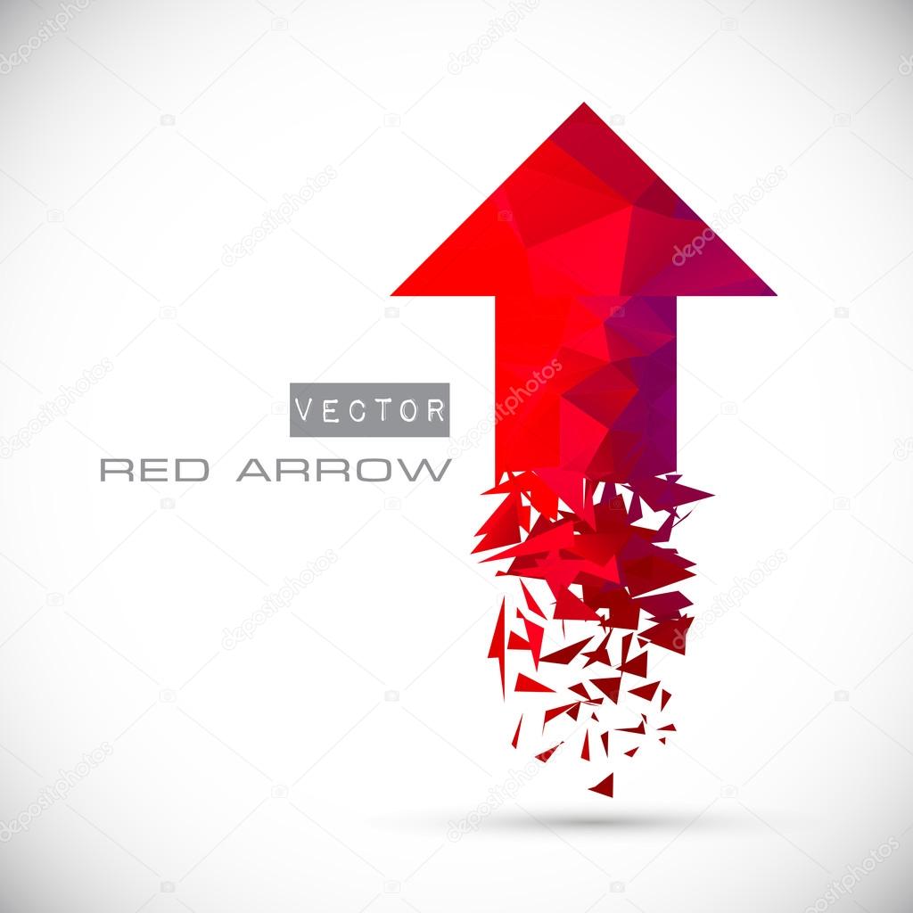 Red polygonal arrow flies upward. Bright pointer. Vector illustration