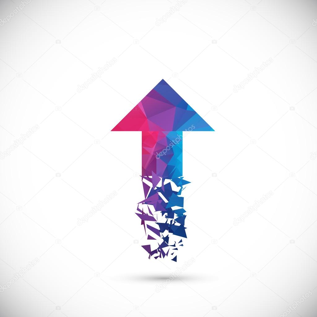 Colorful polygonal arrow flies upward. Vector illustration. Isolated on white background