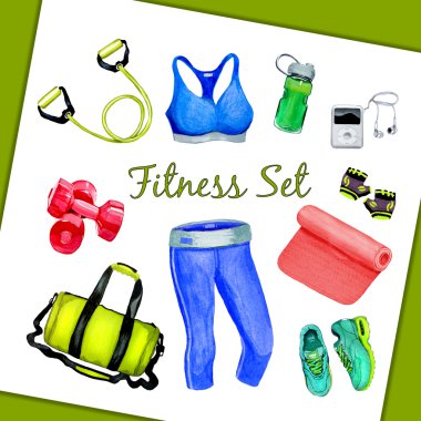 Fitness Set suluboya stil illüstrasyon