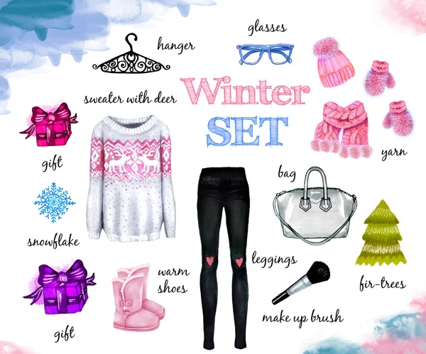 Winter set watercolor illustration — Stock Photo, Image