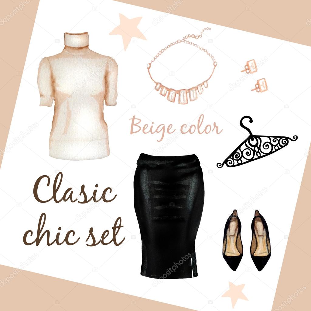 Beige classic collection of fashion items