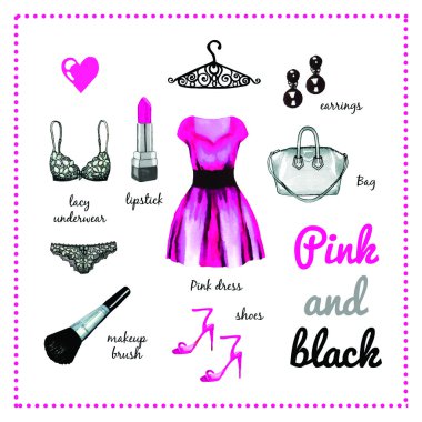 Pembe elbise moda kıyafet suluboya