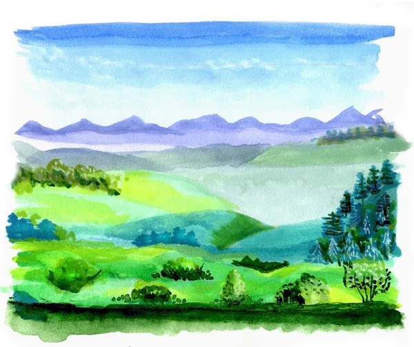 Watercolor illustration bright landscape — Stock Photo, Image