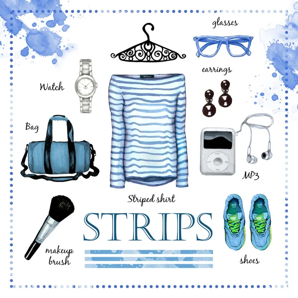 Striped fashion outfit watercolor set — Stock Photo, Image