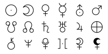 Gezegen sembolleri yerleştirildi. Vektör işaretleri. Astrolojik takvim. Zodiacal siyah beyaz yıldız falı. Dünya; Ay, Jüpiter; Satürn; Mars; Venüs ve Güneş. Taslak çizimi. Jyotisha. Hinduizm, Hindistan ya da Vedik astrolojisi
