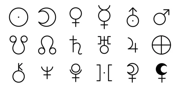 Planeta Símbolos Establecidos Signos Vectoriales Calendario Astrológico Horóscopo Zodiacal Blanco — Vector de stock