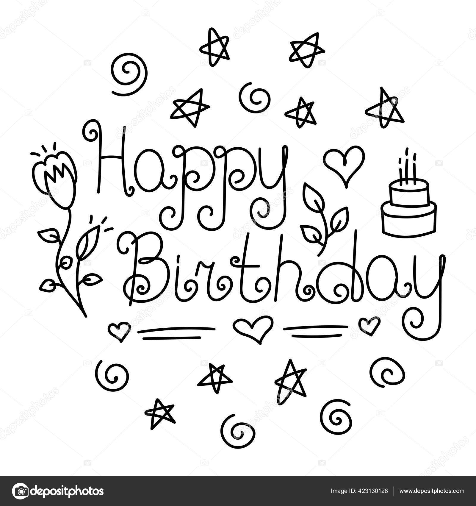 Feliz Aniversário Impressão Doodle Linha Desenhada Mão Preto Branco Para  Vetor de ©ra.khusnullina@gmail.com 423130128, image size:1600x1700