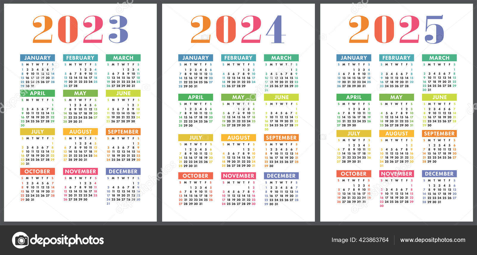 Calendario 2023 2024 2025 Inglés Vector Colorido Conjunto Plantilla Pared  Vector de stock por ©ra.khusnullina@gmail.com 423863764