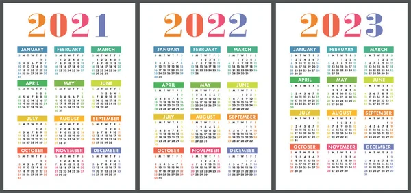 Календар 2021 2022 2023 Англійський Кольоровий Векторний Набір Вертикальна Стіна — стоковий вектор
