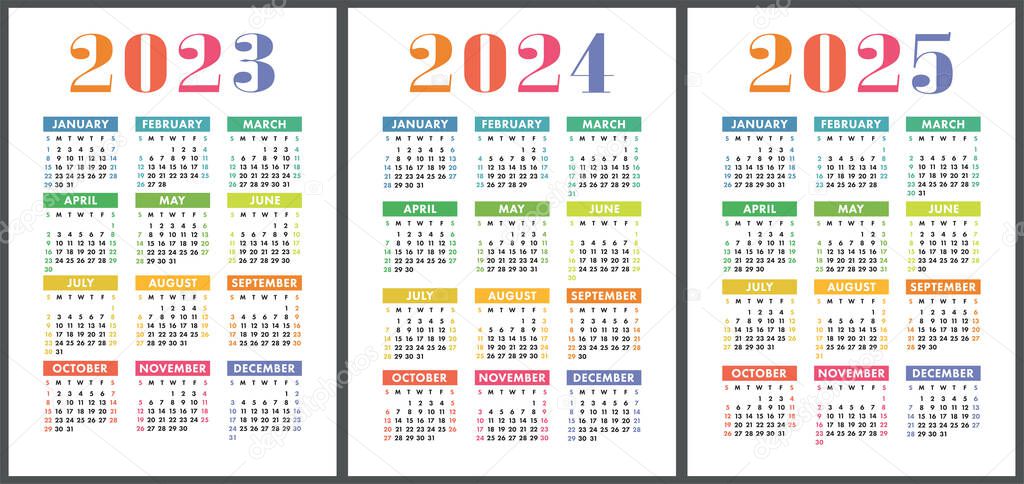 Calendar 2023, 2024 and 2025. English colorful vector set. Vertical wall or pocket calender template. Design collection. New year. Week starts on Sunday