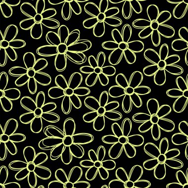 Çiçeksiz desen. El çizimi çiçekler. Vektör çizimi. Kalem ya da keçeli kalem çizimi. Çizgi sanat siluetleri. Renkli çizik tahtası