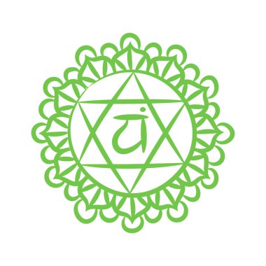 Anahata taslak ikonu. Dördüncü kalp çakrası. Vektör yeşil çizgi sembolü. Sakal işareti. Meditasyon