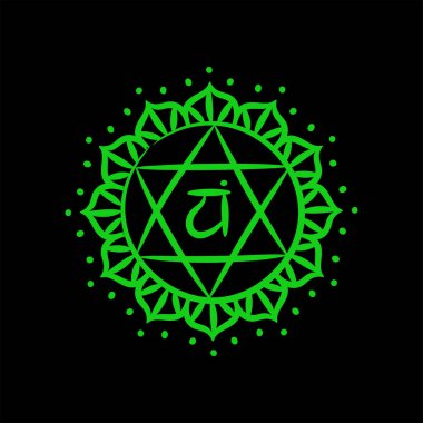 Anahata taslak ikonu. Dördüncü kalp çakrası. Vektör yeşil çizgi sembolü. Sakal işareti. Meditasyon
