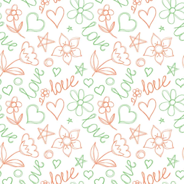 Herzen Und Liebe Nahtloses Muster Handgezeichnete Blumen Und Sterne Vektorillustration — Stockvektor