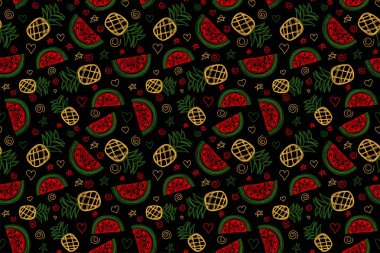 Karpuz ve ananas dikişsiz desen. El çizimi vektör çizimi. Kalem ya da keçeli kalem çizimi. Çizgili sanat meyveleri siluetleri. Çizimi tekrarla.