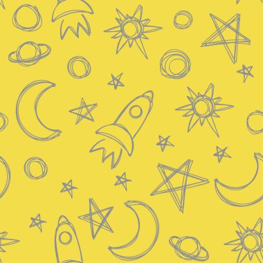 Uzay yıldızı, roket ve gezegen. Ay çizimi. Kusursuz sarı ve gri desenli. El çizimi vektör çizimi. İşaretli karalama. Çizgi çalışması. Çizimi tekrarla