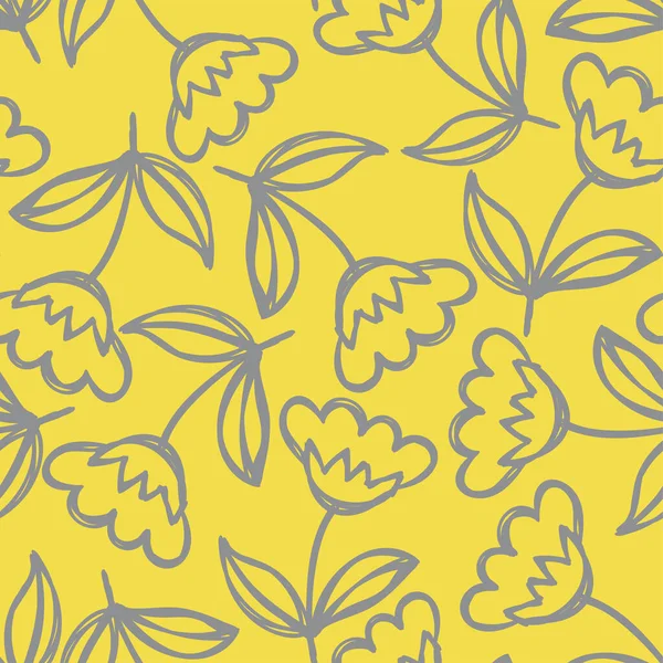 Floral Yellow Gray Seamless Pattern Hand Drawn Flowers Vector Illustration — Stock Vector