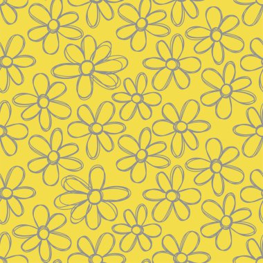 Çiçek sarısı ve gri, pürüzsüz desen. El çizimi çiçekler. Vektör çizimi. Kalem ya da keçeli kalem çizimi. Çizgi sanat siluetleri. Renkli çizik tahtası