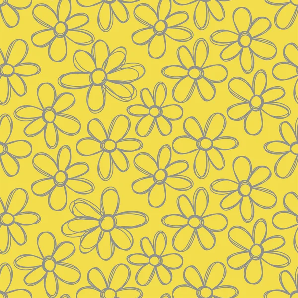 Floral Amarelo Cinza Sem Costura Padrão Flores Desenhadas Mão Ilustração — Vetor de Stock