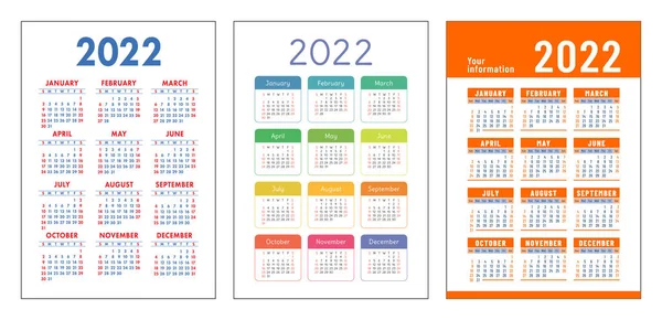 Kalender 2022 Jaar Vector Zak Muur Kalender Template Collectie Eenvoudig — Stockvector