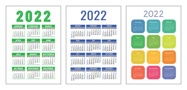 Calendario 2022 Conjunto Años Bolsillo Vectorial Colección Plantillas Calendario Pared — Vector de stock