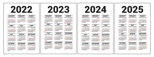 Calendario 2022 2023 2024 2025 Juego Vectores Inglés Plantilla Pared — Archivo Imágenes Vectoriales