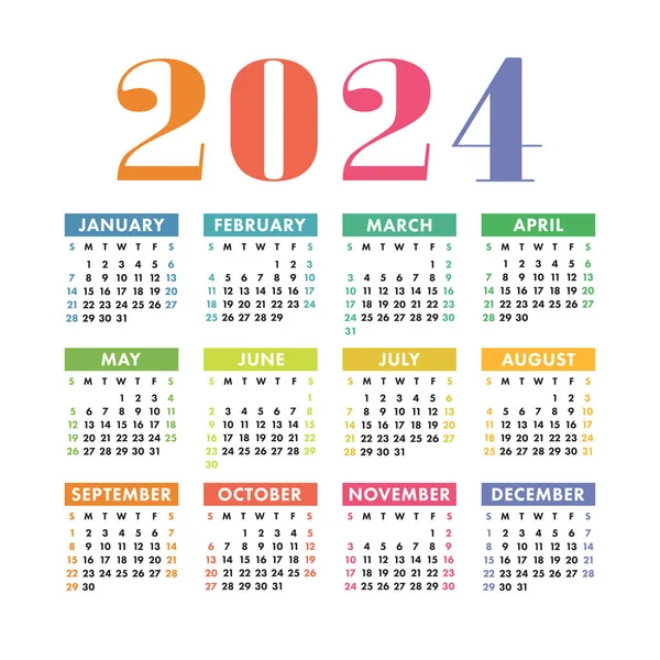 Calendario 2024 Año Inglés Colorido Vector Horizontal Pared Plantilla