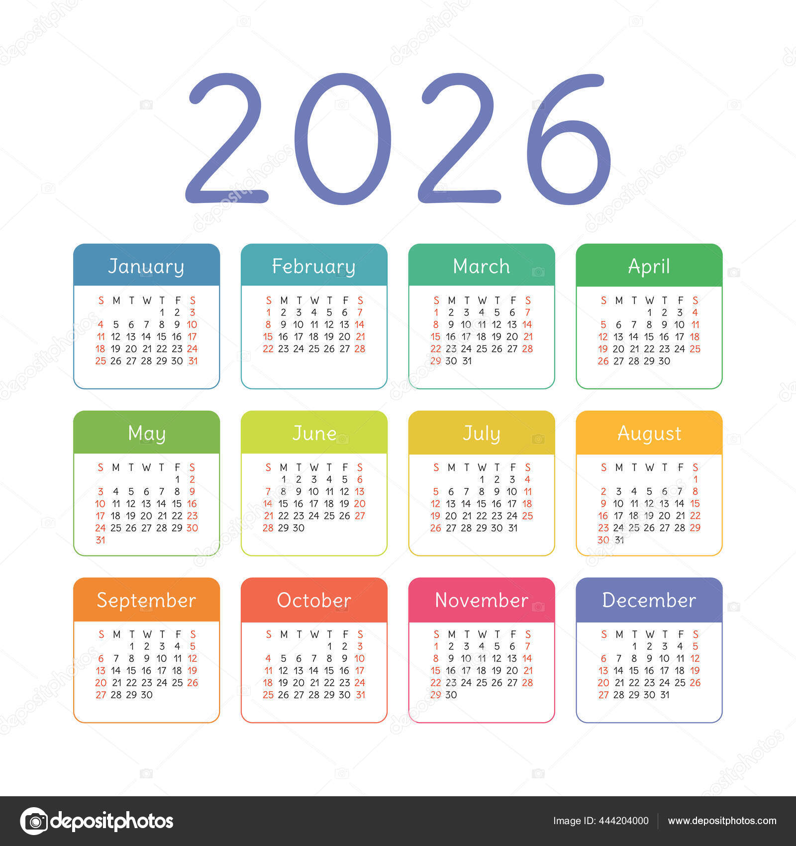 Calendário 2026 Ano Bolso Quadrado Vetorial Colorido Inglês Modelo