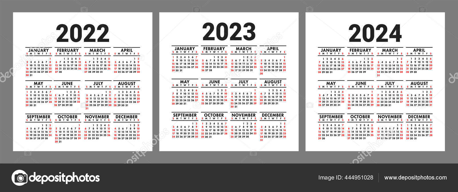 Calendrier 2022 2023 2024 Ans Ensemble Vectoriel Anglais Modèle