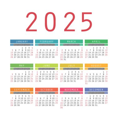 Takvim 2025. İngilizce renkli vektör kare cep veya duvar takvimi şablonu. Çocuk renkleri. Moda tasarımı. Hafta pazar günü başlıyor.