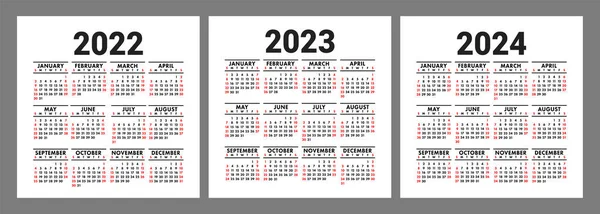 Calendar 2022 2023 2024 Years English Vector Set Square Wall — Stock Vector