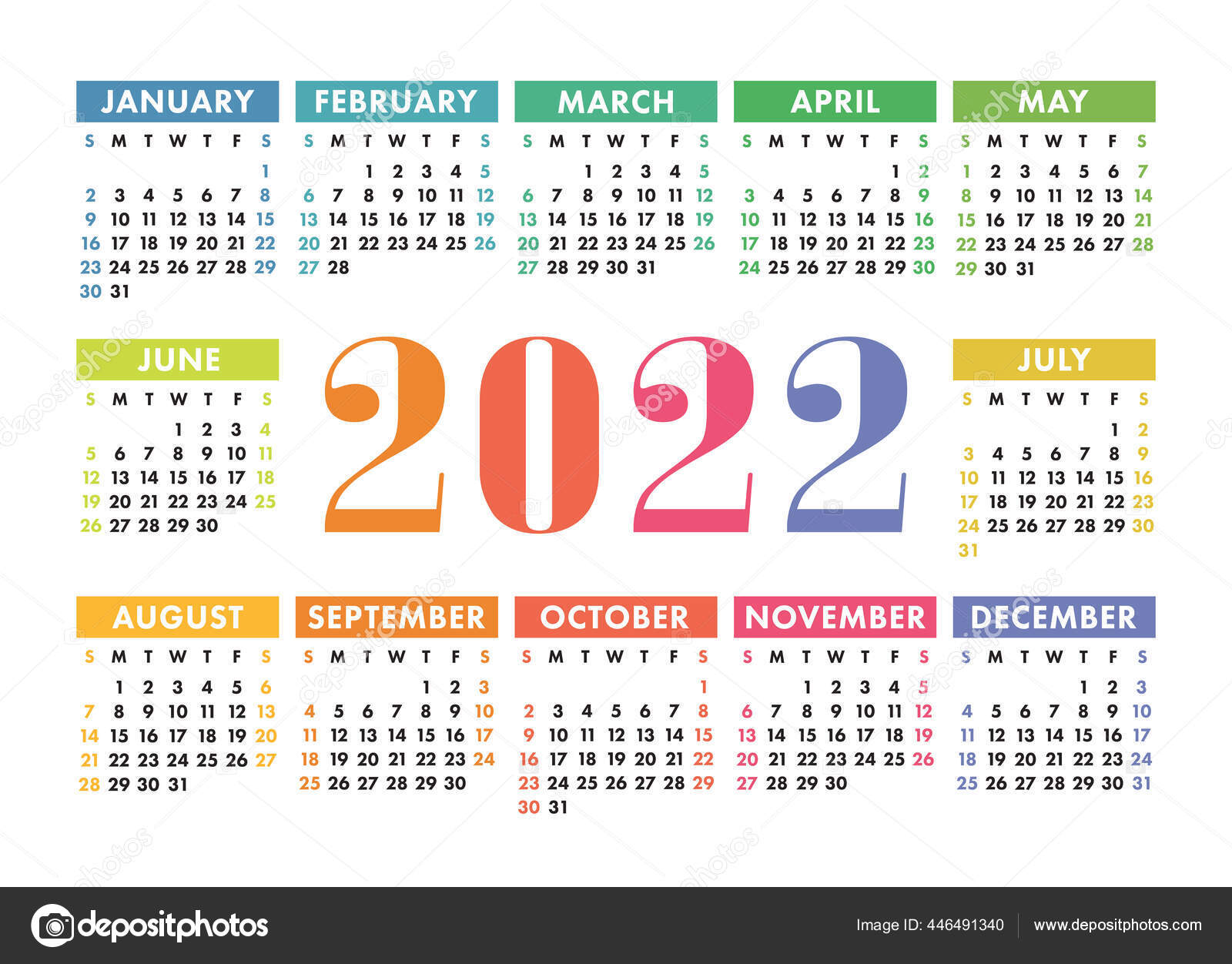 Calendar 2022 English Colorful Vector Horizontal Wall Pocket Calender