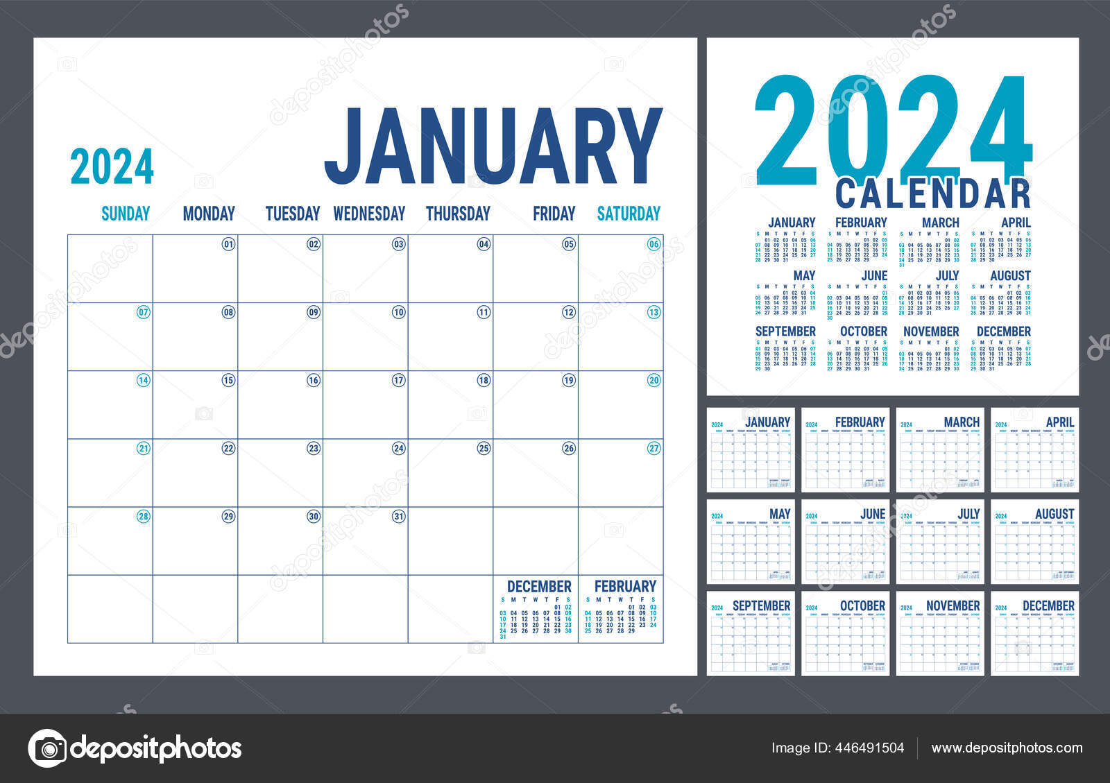 Calendrier 2024 Année Modèle Planificateur Anglais Grille Vectorielle