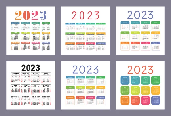 2023年のカレンダー 英語のカラフルなベクターセット 正方形の壁やポケットカレンダーテンプレート デザインコレクション 新年だ 週は日曜日から始まる — ストックベクタ