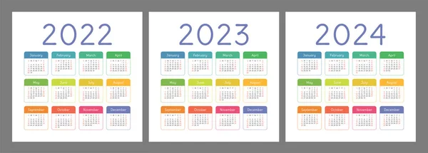 Calendario 2022 2023 2024 Años Inglés Vector Colorido Conjunto Plantilla — Vector de stock