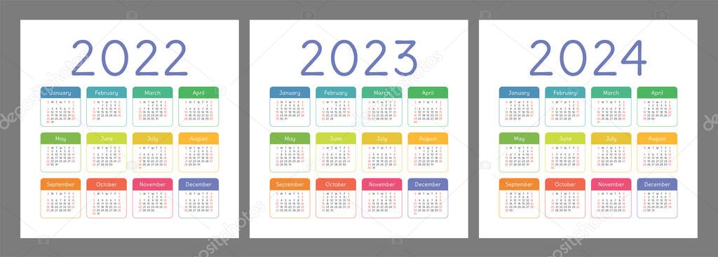 Calendar 2022, 2023 and 2024 years. English colorful vector set. Square wall or pocket calender template. Design collection. New year. Week starts on Sunday