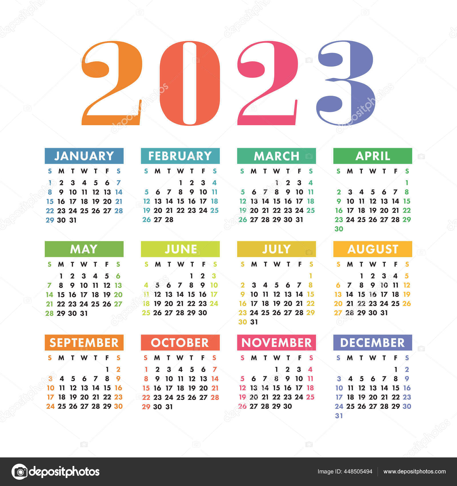 Calendario 2023 Inglés Colorido Vector Pared Cuadrada Plantilla