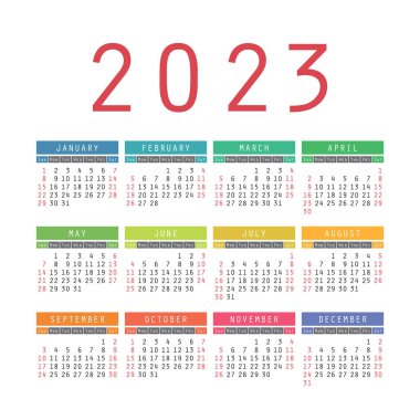 Takvim 2023. İngilizce renkli vektör kare cep veya duvar takvimi şablonu. Çocuk renkleri. Moda tasarımı. Hafta pazar günü başlıyor.
