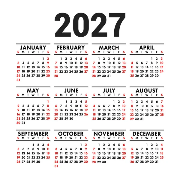 Kalender 2027 Engels Vector Vierkante Muur Zakkalender Ontwerp Template Nieuwjaar — Stockvector