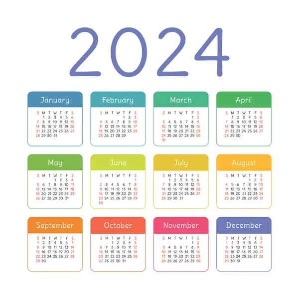 Kalender 2024 Jaar Engels Kleurrijke Vector Vierkante Zak Muur Kalender — Stockvector