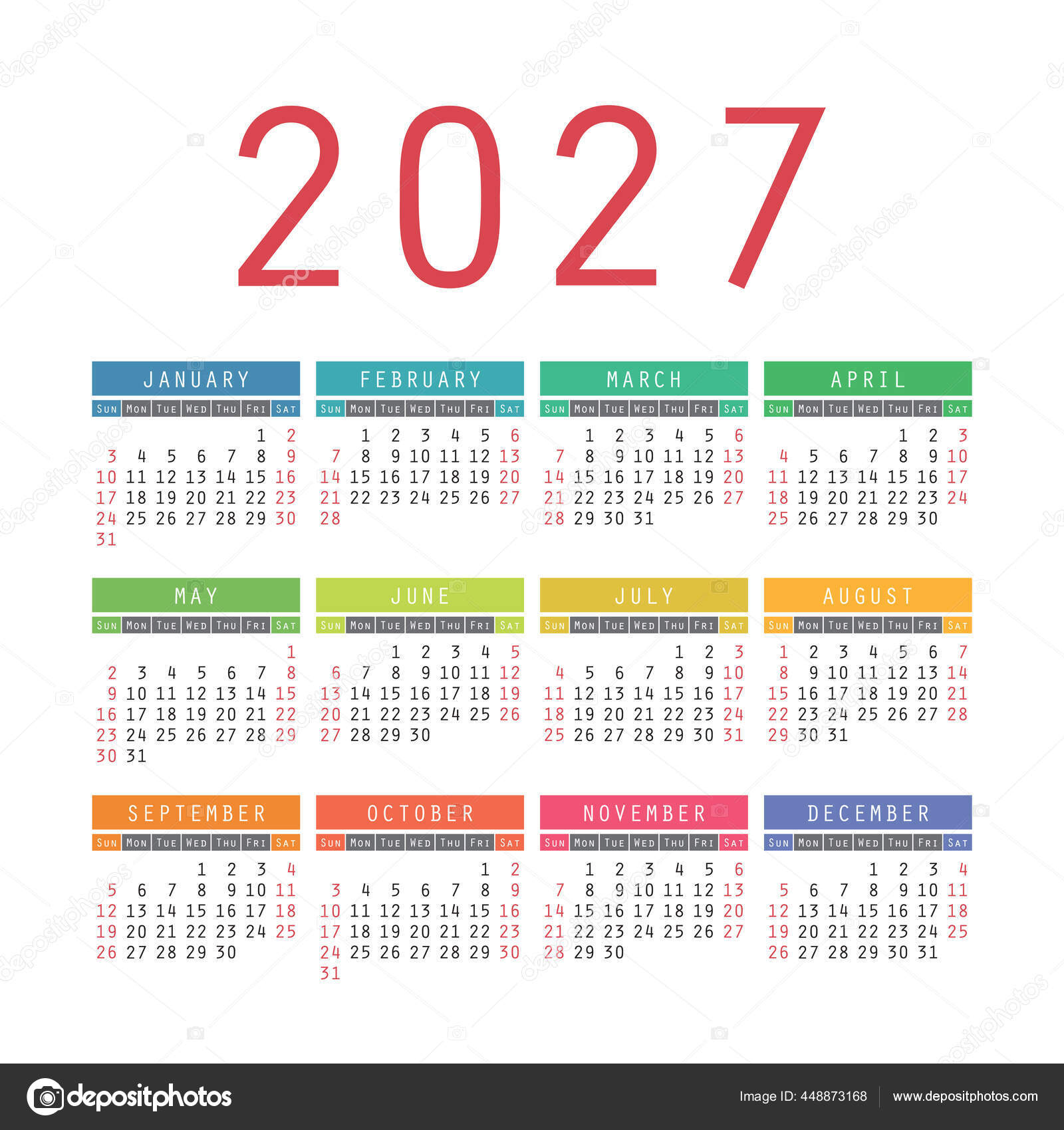 Calendar 2027 Year English Colorful Vector Square Pocket Wall Calender