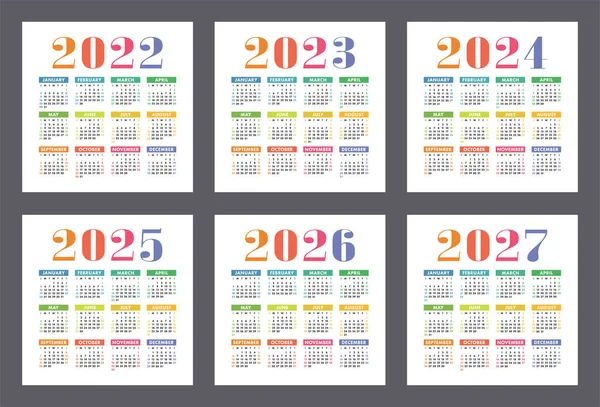 Календар 2022 2023 2024 2025 2026 2027 Років Англійський Кольоровий — стоковий вектор