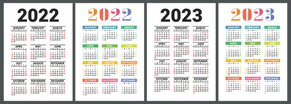 Calendari 2022 2023 Set Vettore Colorato Inglese Modello Verticale Parete — Vettoriale Stock