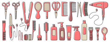 Kuaför malzemesi çizimi. Profesyonel kuaför aletleri. El çizimi karalama simgeleri ayarlandı. Vektör çizimi. Berber sembolleri koleksiyonu. Saç kurutma makinesi, makas, tarak, ayna, düzleştirici ve bigudi.